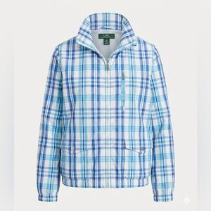 Lauren Ralph Lauren Women Large Blue Plaid Zip Jacket High Neck Drawstring Waist
